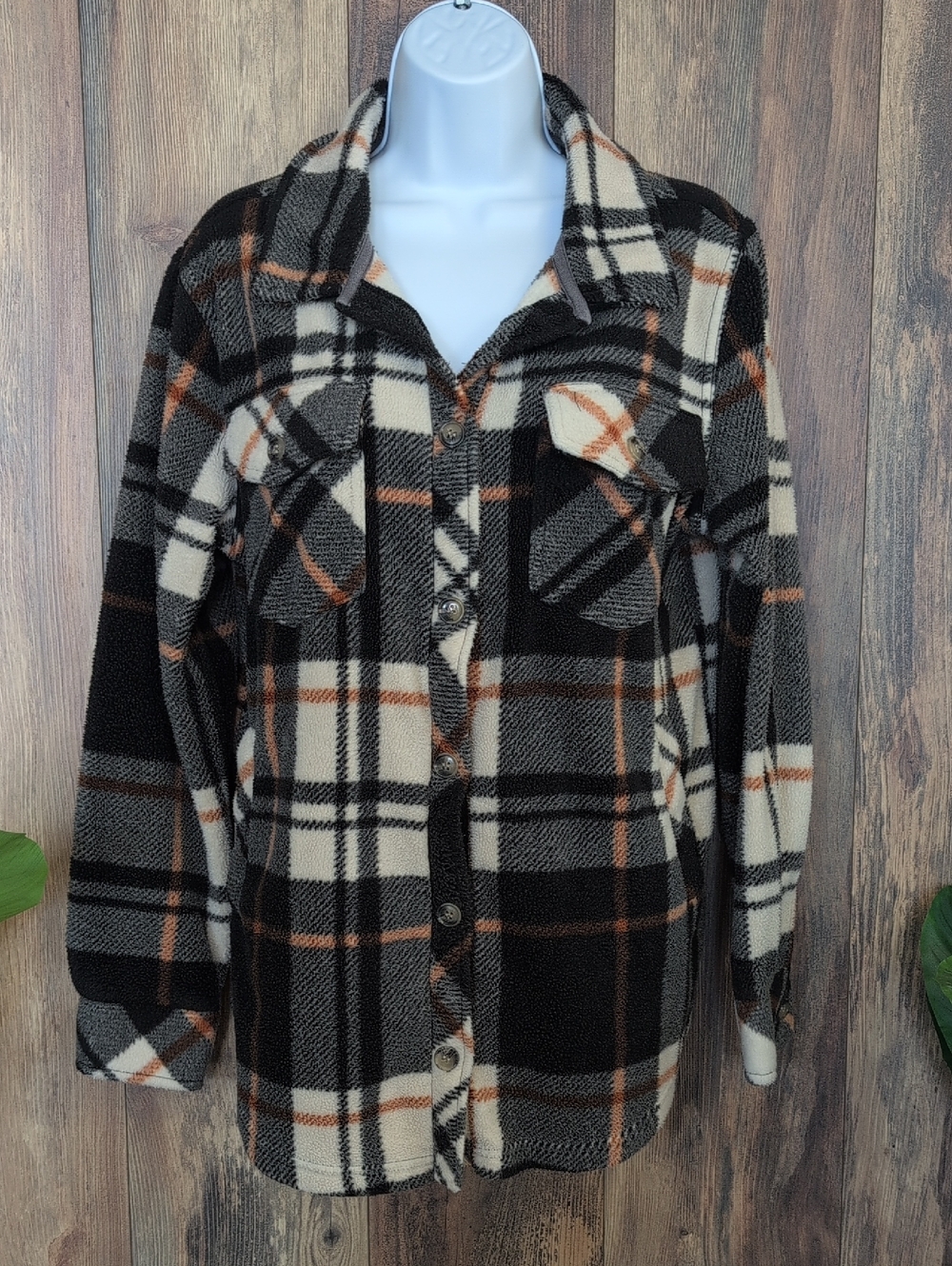 Thread & Supply Black Cream and Brown Plaid Utility Shacket S C189